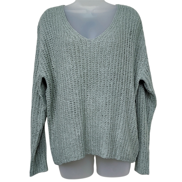 Elan Bow Back Sweater NWOT Open Back Light Green Crochet Knit V Neck Large - Picture 7 of 7